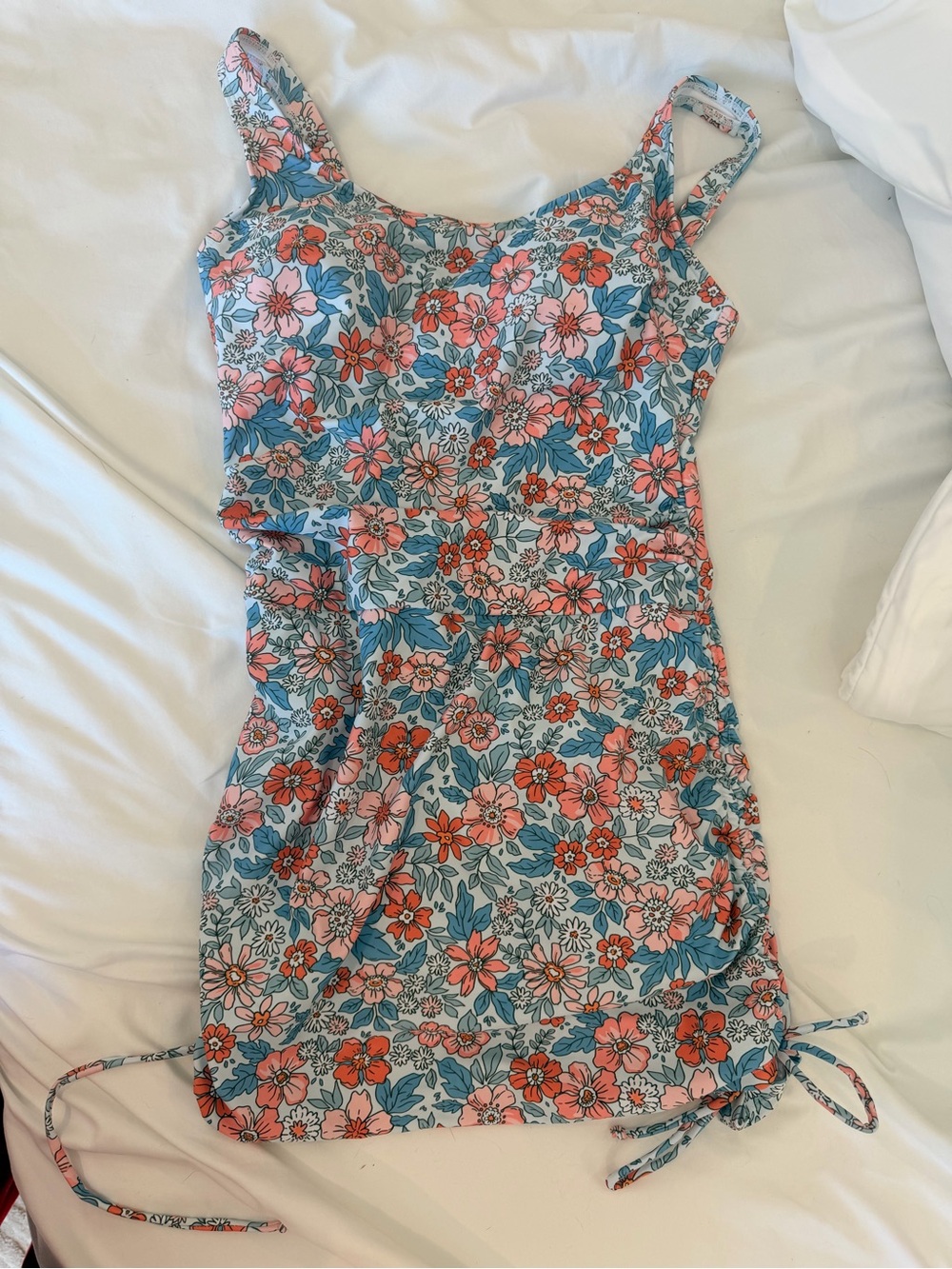 Floral One-Piece Swim Dress with Adjustable Side Ties - Coral & Blue